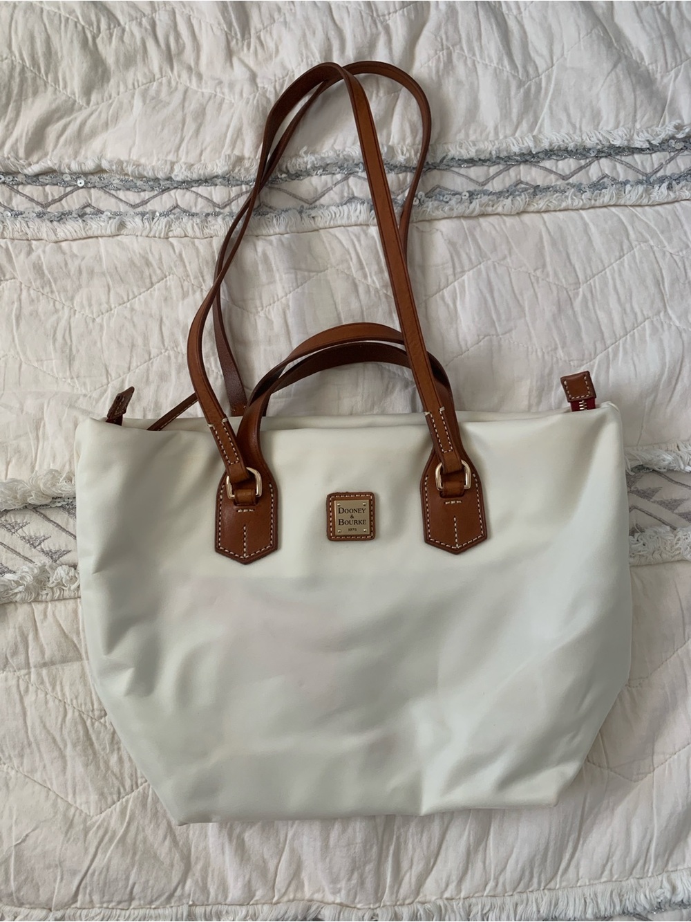 Dooney & Bourke White Tote with Brown Leather Trim “Leighton Tote”